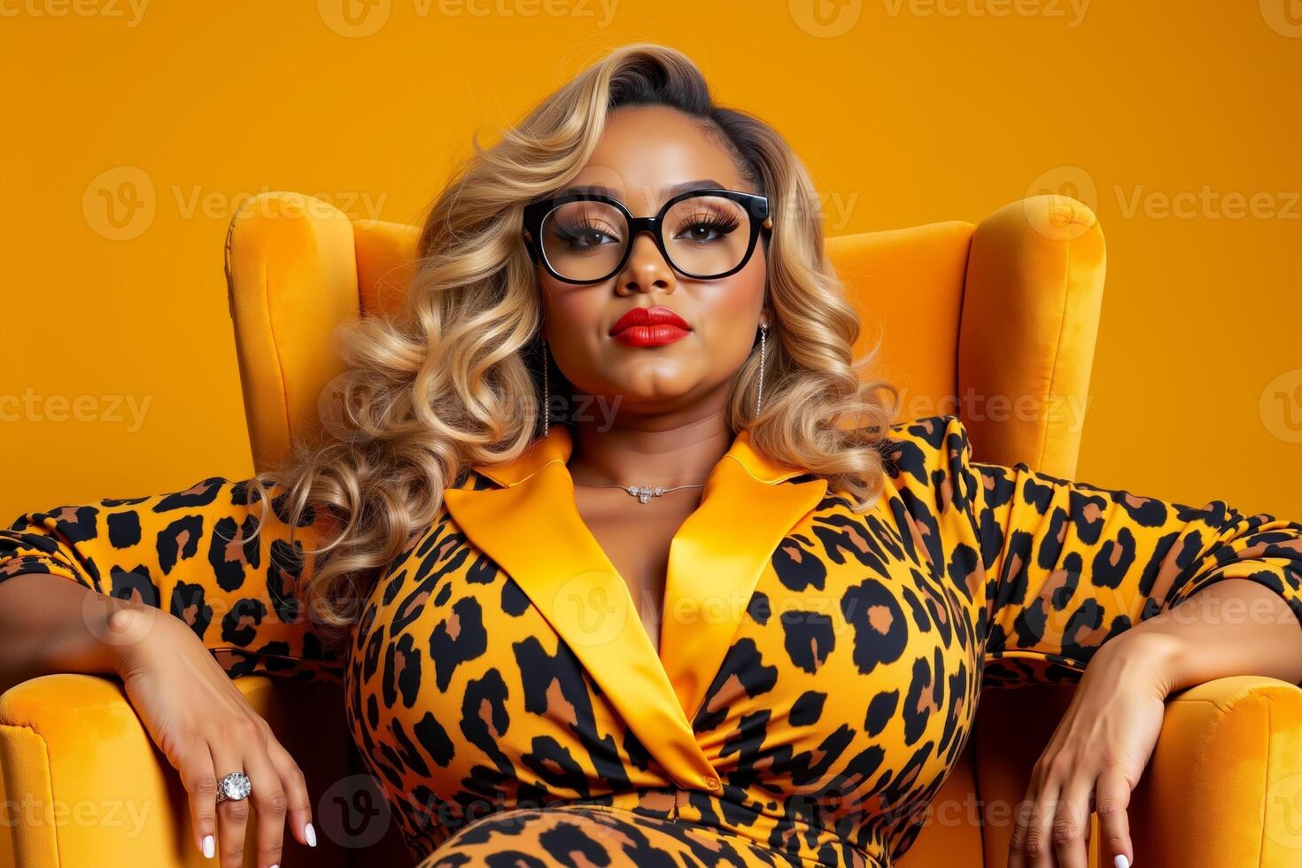 A woman in a leopard print dress sitting in a yellow chair photo