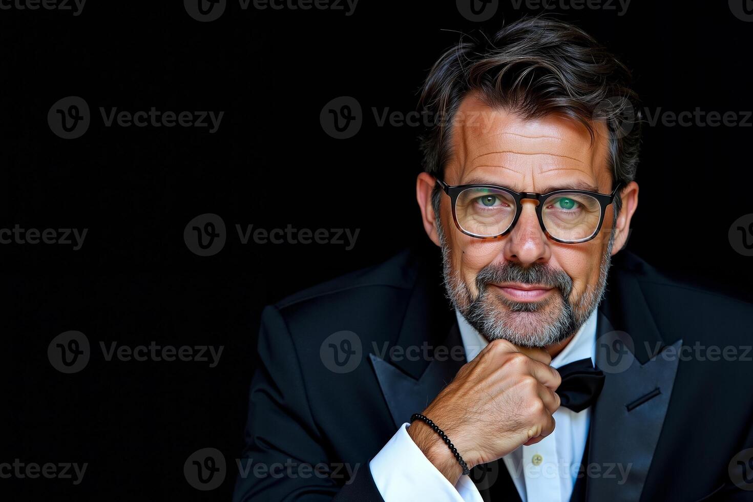 A man in a tuxedo and bow tie posing for a picture photo