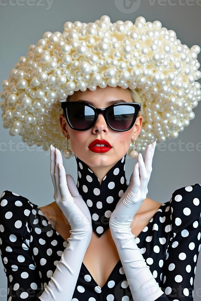 A woman in a black and white polka dot dress and white gloves photo