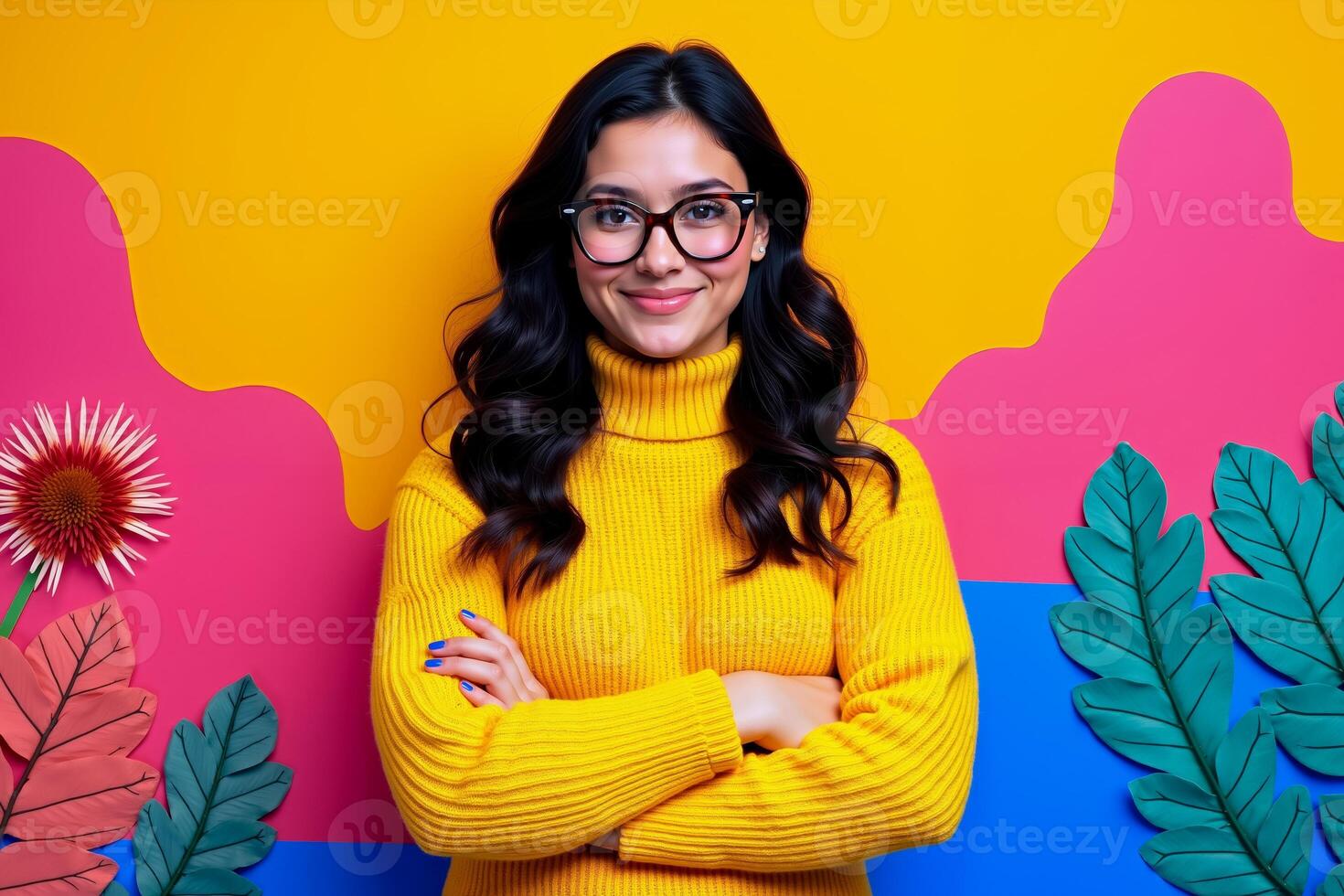 A woman wearing glasses standing in front of a colorful background photo