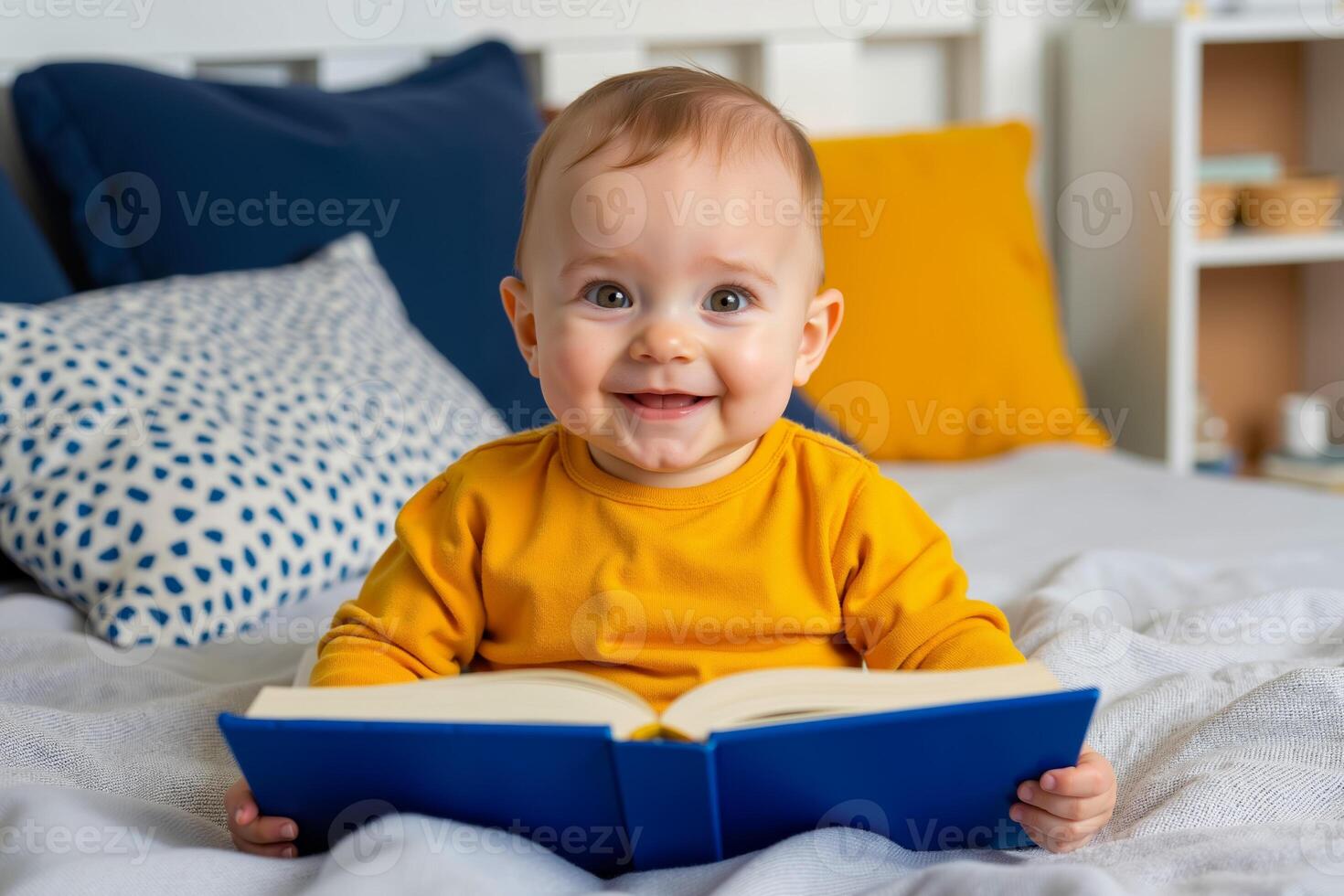 A baby sitting on a bed reading a book photo
