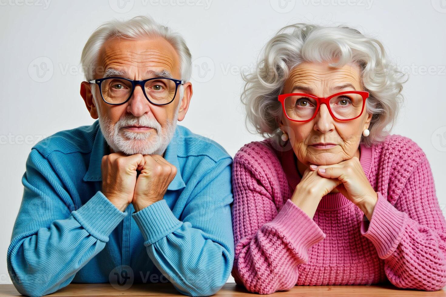 A man and a woman sitting at a table with their hands on their chin photo