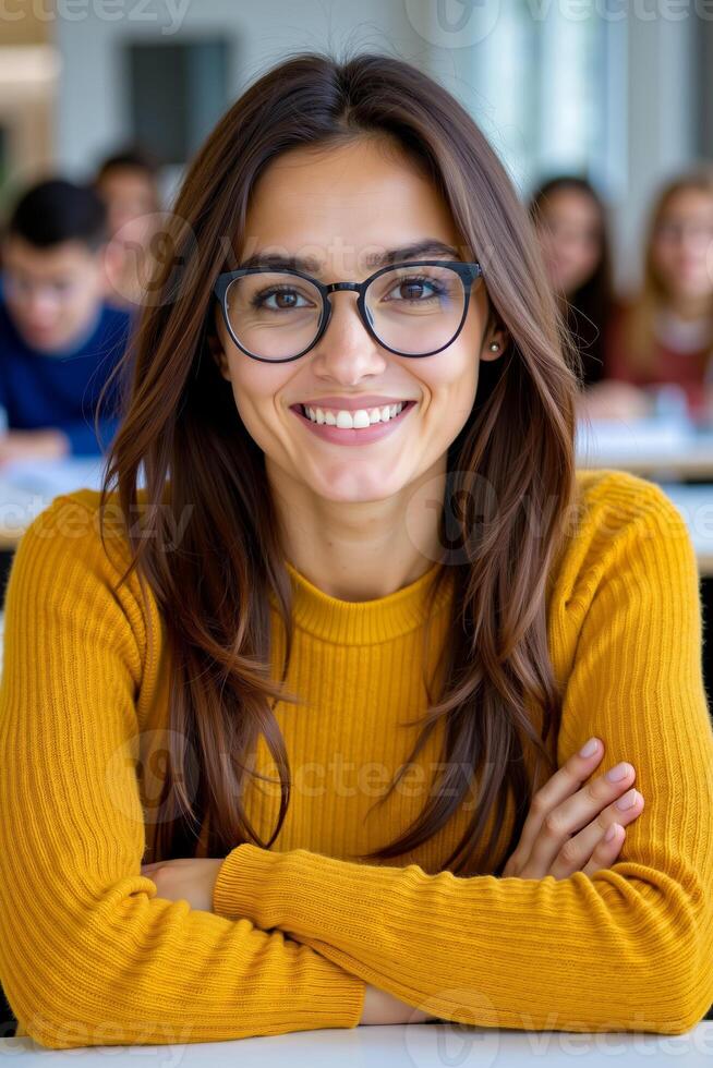 A woman wearing glasses sitting at a table in a classroom photo