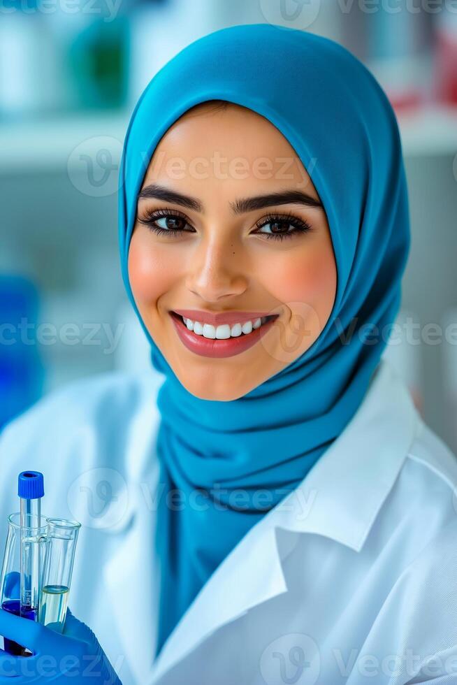 un mujer en un laboratorio Saco participación un prueba tubo foto