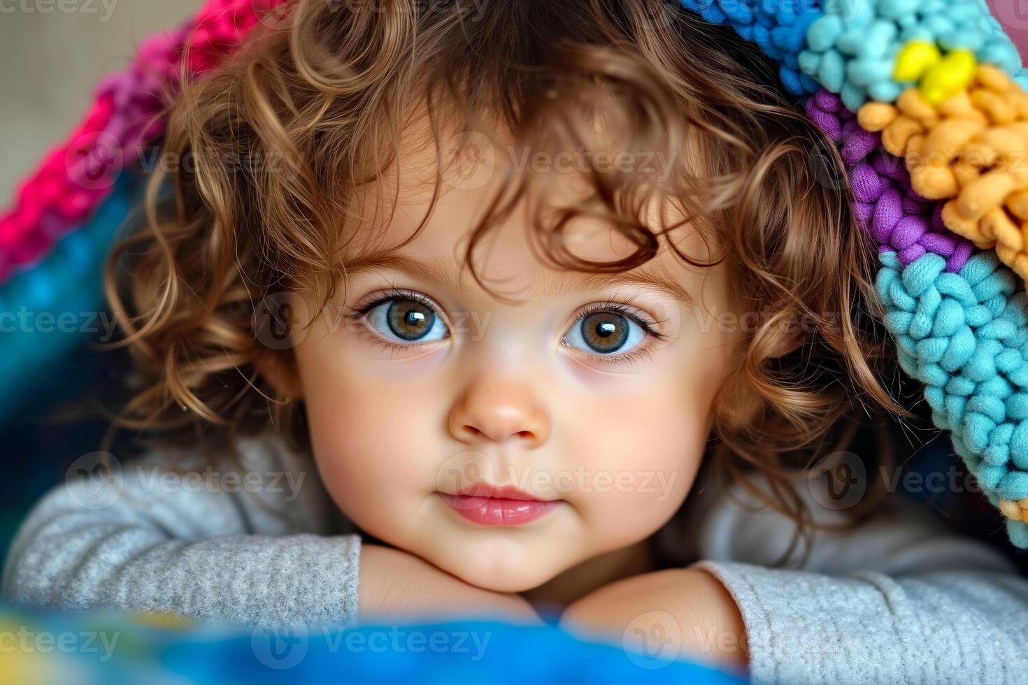 A small child with curly hair and blue eyes laying on a blanket photo
