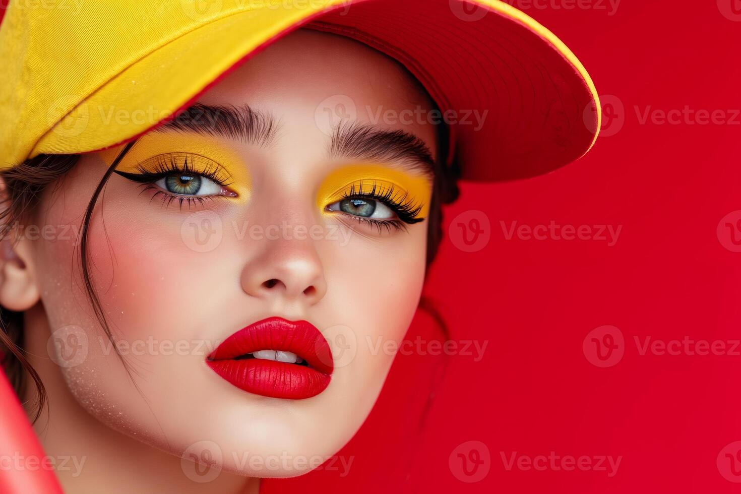 A woman wearing a yellow baseball cap and red lipstick photo