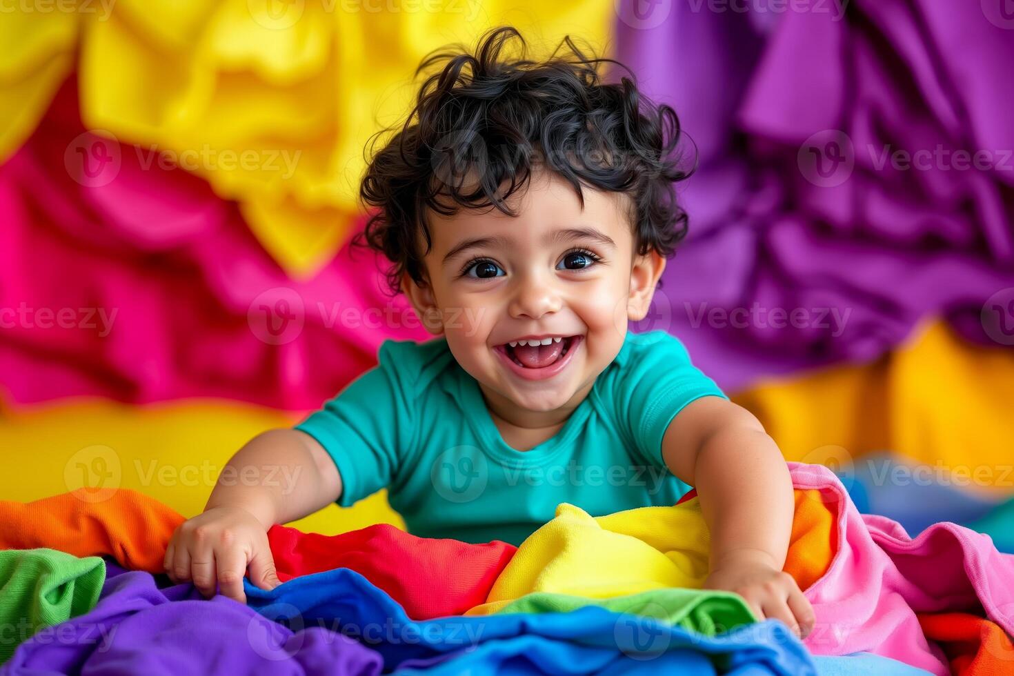 A smiling baby laying on top of a pile of colorful blankets photo