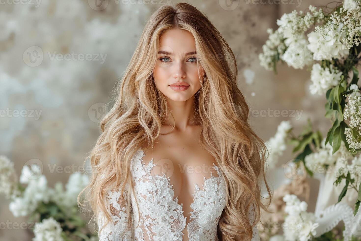 A woman in a wedding dress posing in front of a floral archway photo