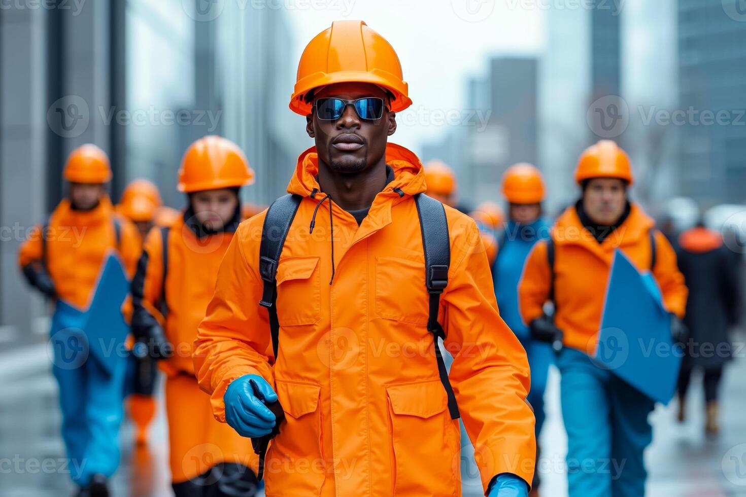 A group of construction workers walking down a city street photo