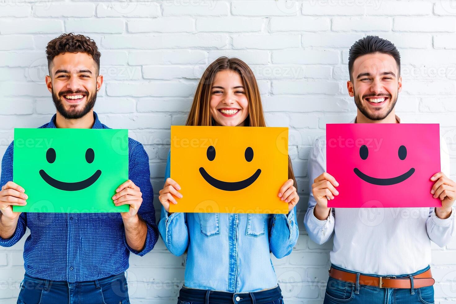 Three people holding smiley faces in front of a white brick wall photo