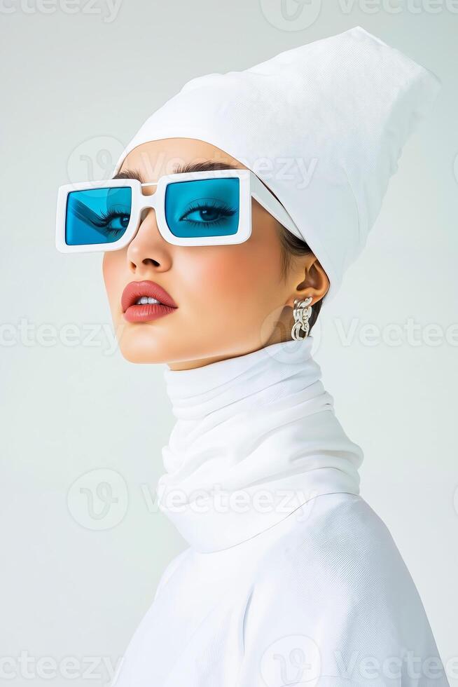 A woman wearing a white hat and blue sunglasses photo