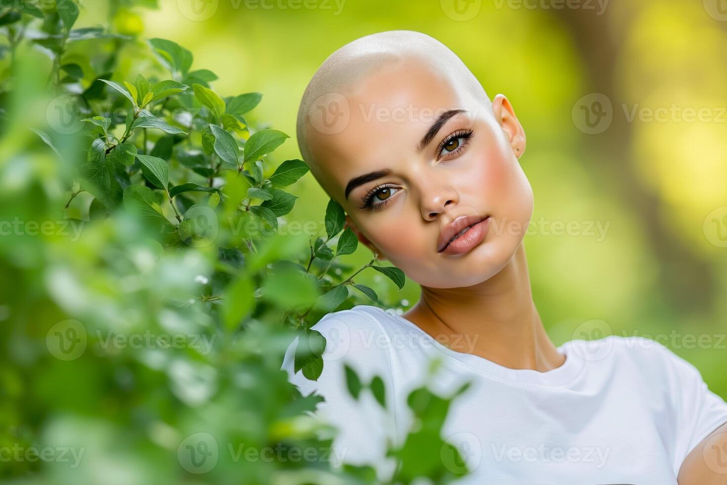 A woman with a bald head wearing a white shirt photo