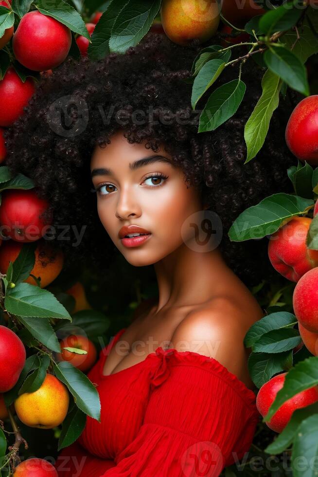 A woman in a red dress standing in front of a bunch of apples photo