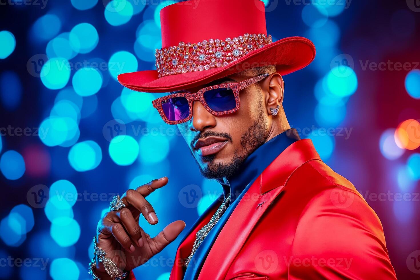 A man in a red suit and a red hat and sunglasses photo