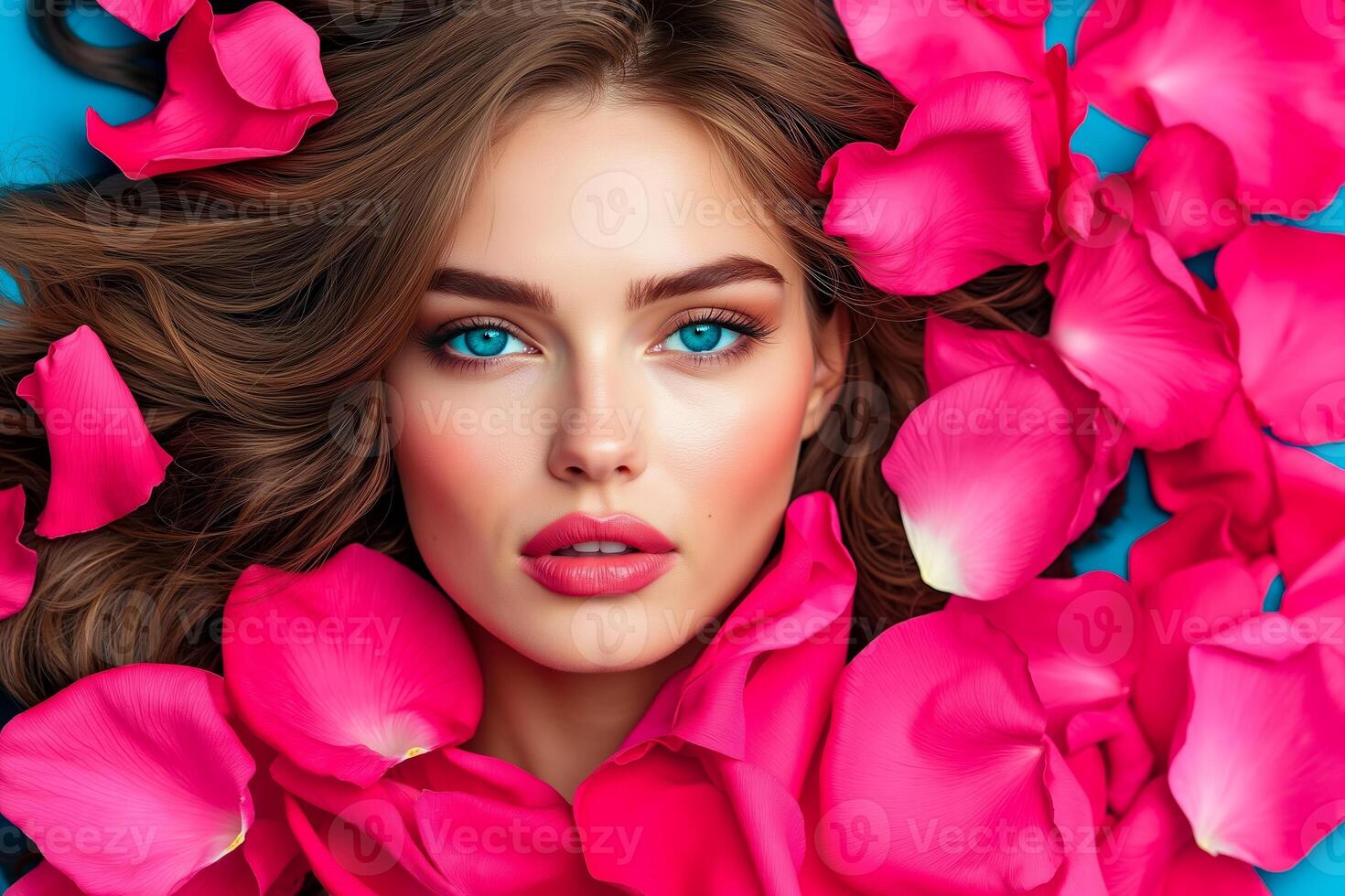 A woman with blue eyes surrounded by pink rose petals photo