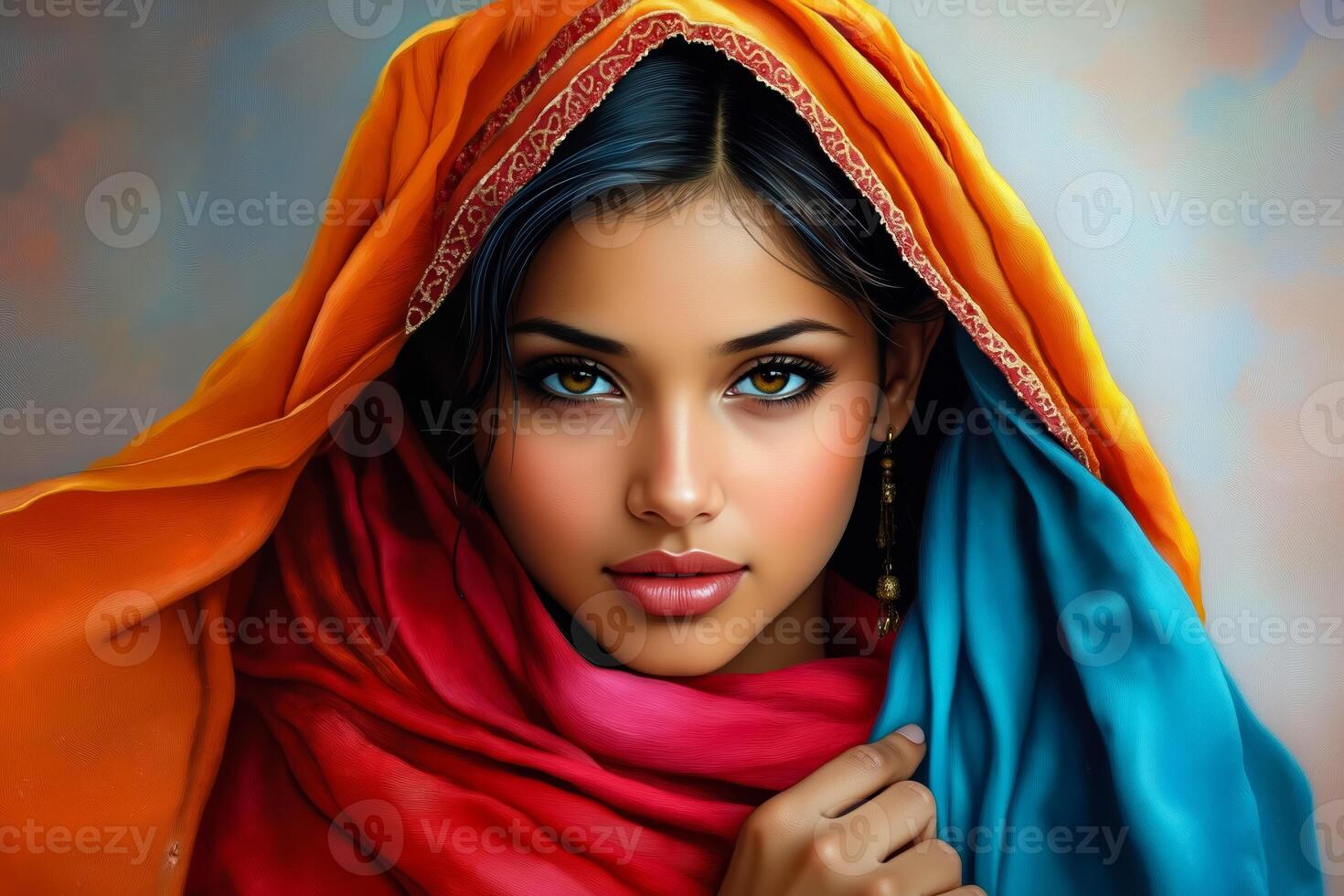 A woman wearing a colorful headscarf is posing for a picture photo