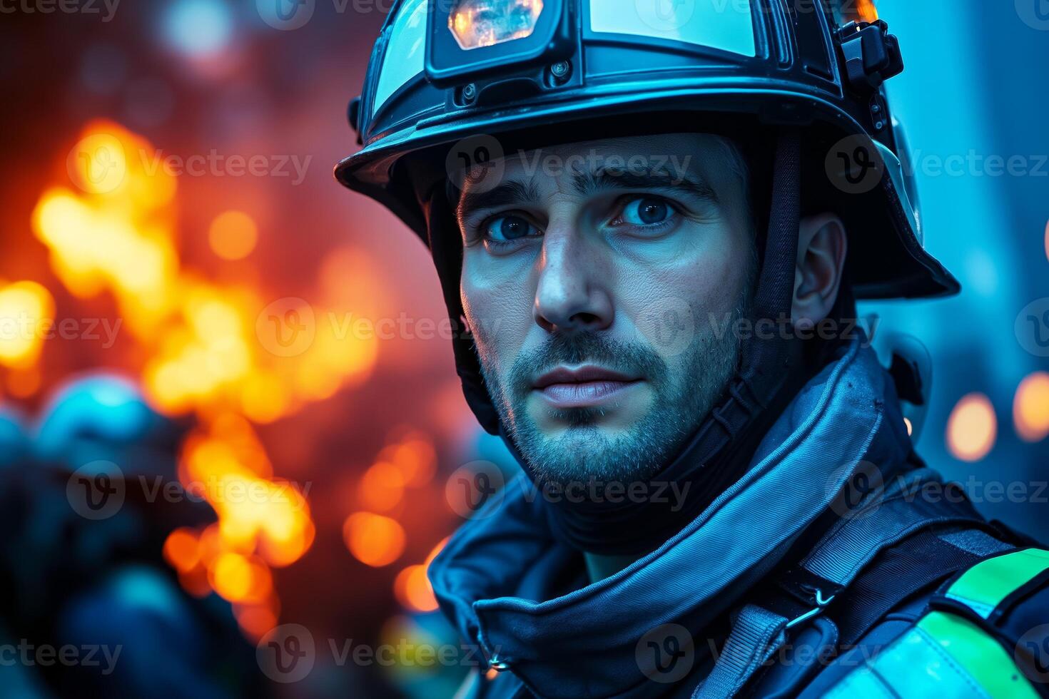 A man wearing a fireman's helmet in front of a fire photo