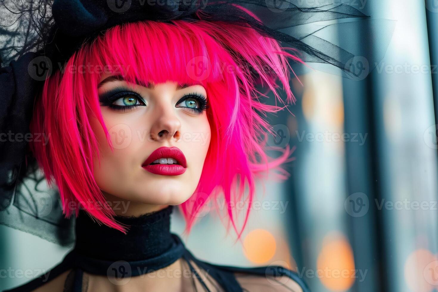 A woman with bright pink hair wearing a black hat photo