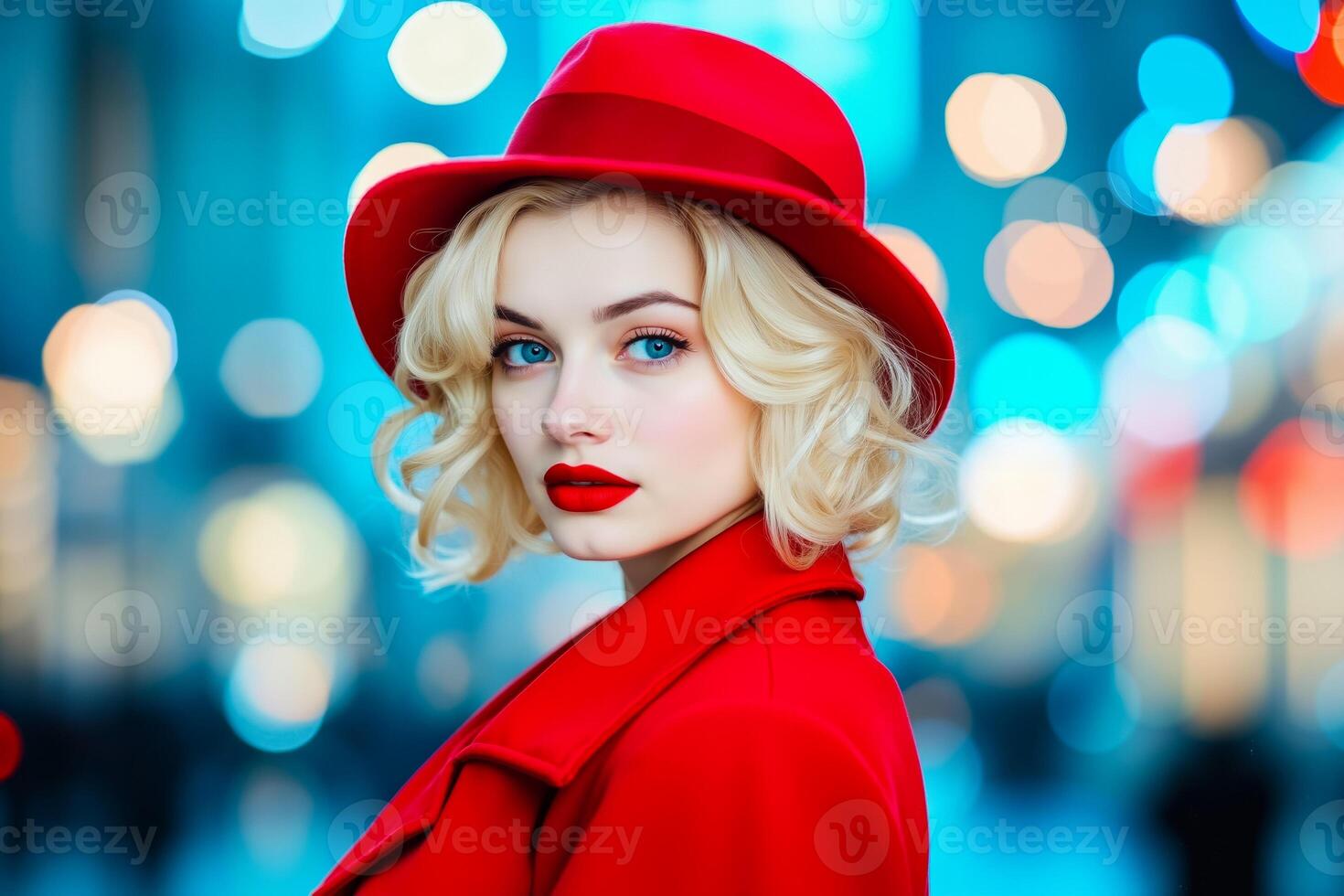 A woman in a red coat and a red hat photo