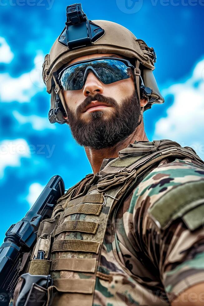 A man in a military uniform holding a rifle and wearing a helmet photo