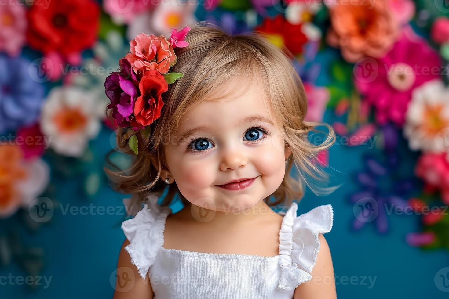 A little girl with a flower crown on her head smiles at the camera photo