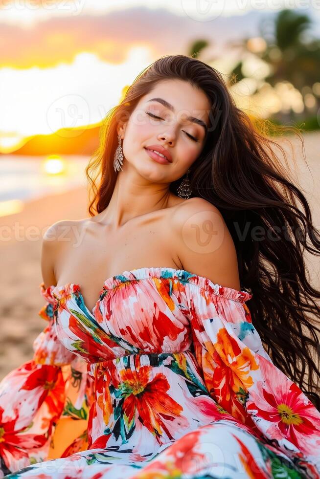 A woman in a floral dress sitting on the beach at sunset photo
