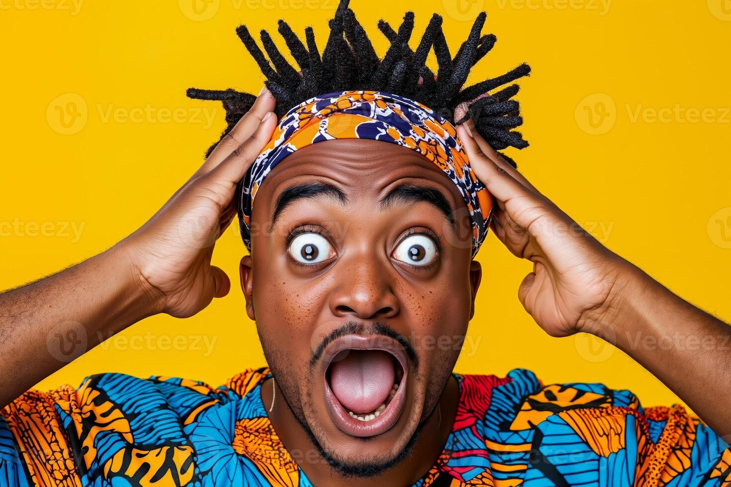 A man with dreadlocks on his head with his hands on his ears photo