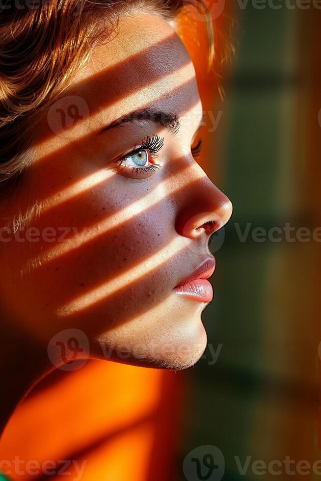 A woman with freckles on her face looking out of a window photo