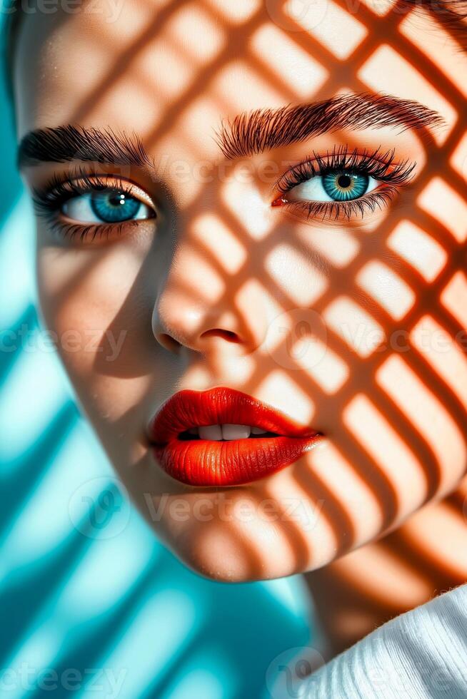 A woman with blue eyes and red lipstick photo