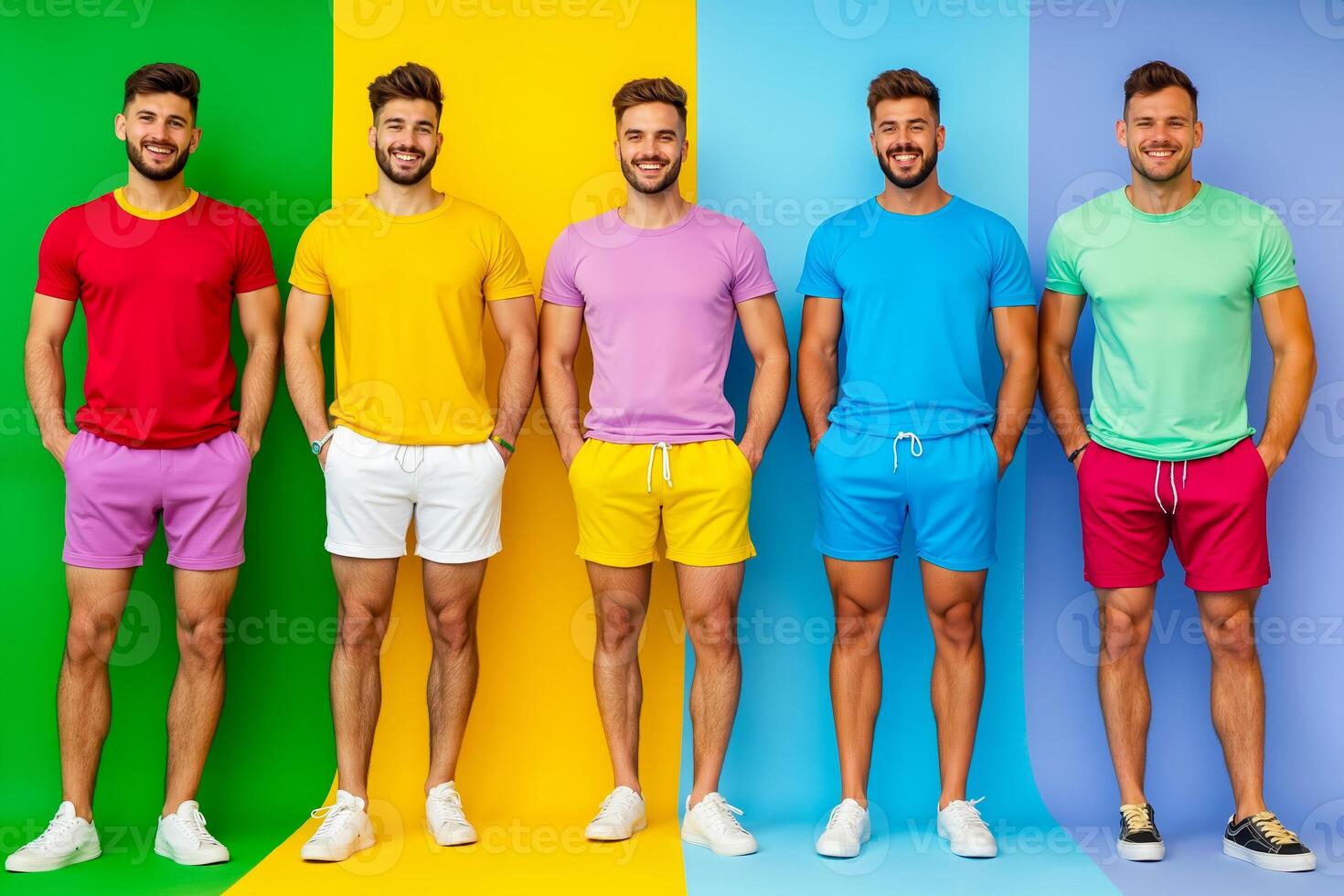 A group of men standing in a row wearing colorful t-shirts and shorts photo