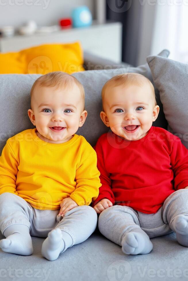 Two babies sitting on a couch smiling at the camera photo