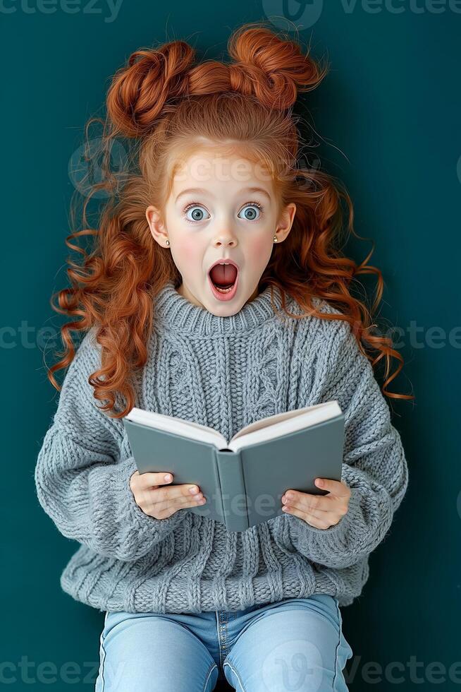 A little girl with red hair is reading a book photo