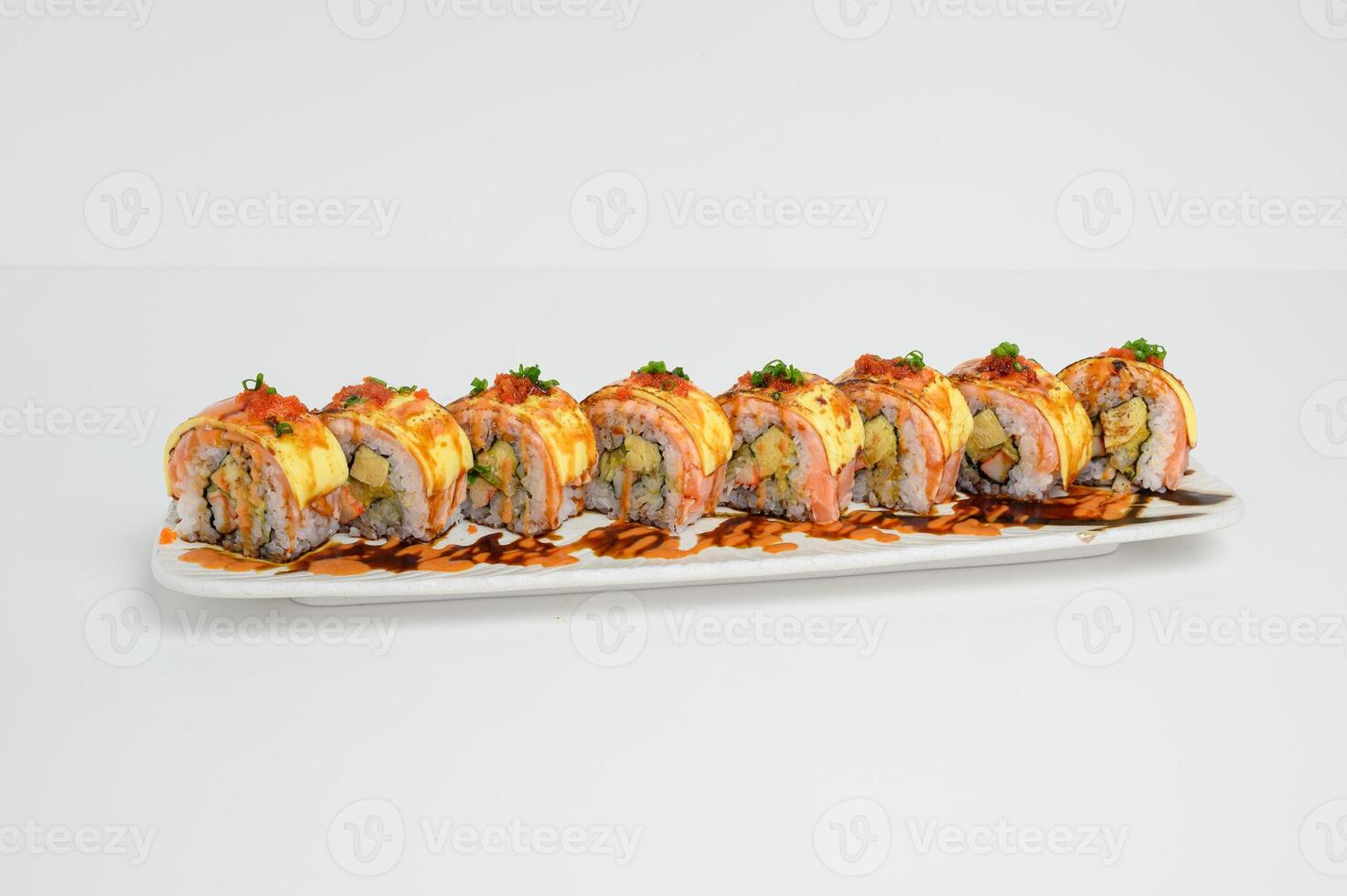 Japanese roll salmon cheese smoked with vegetable filled photo