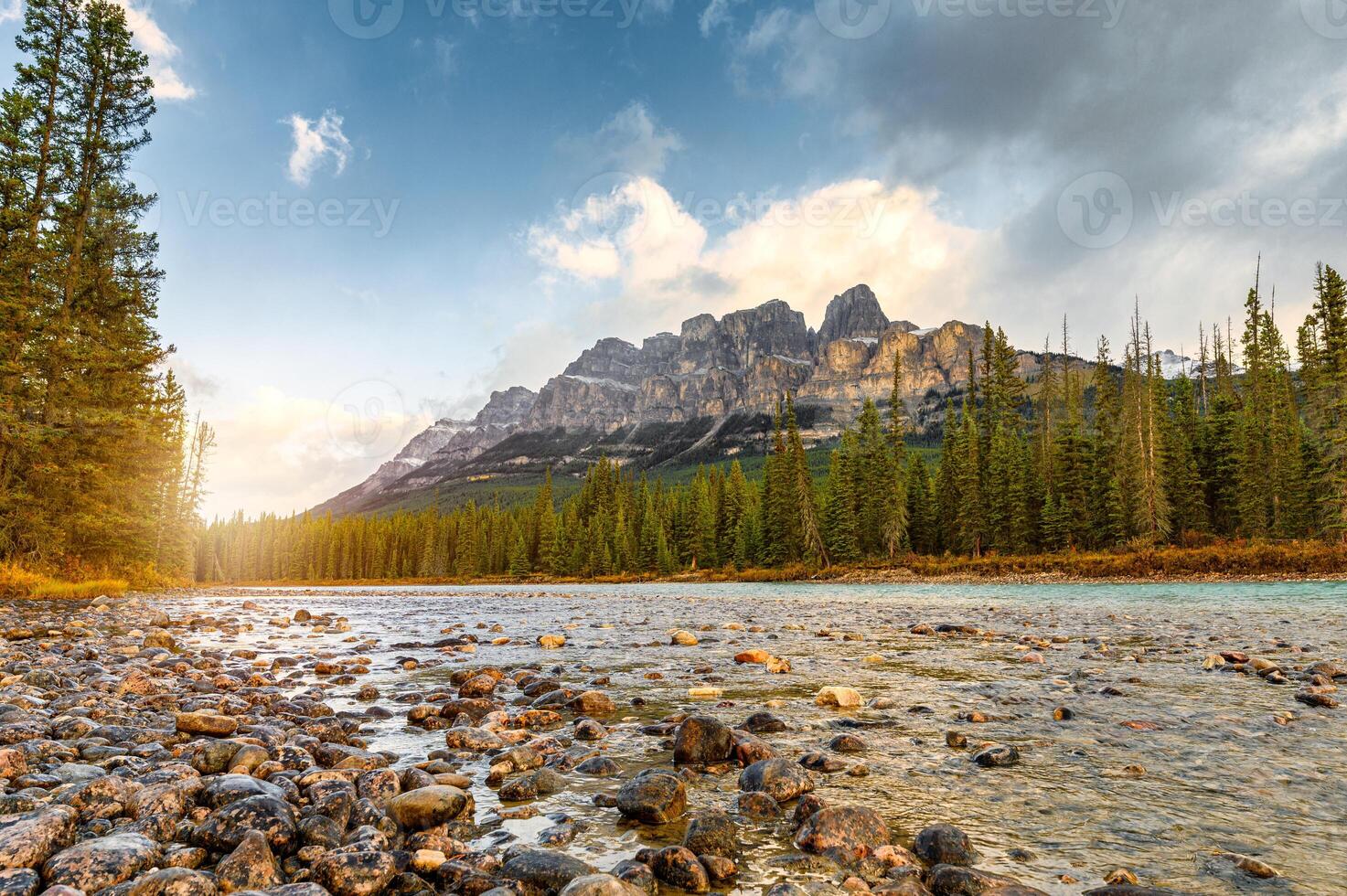 Sunrise on Castle mountain and bow river at Banff national park photo