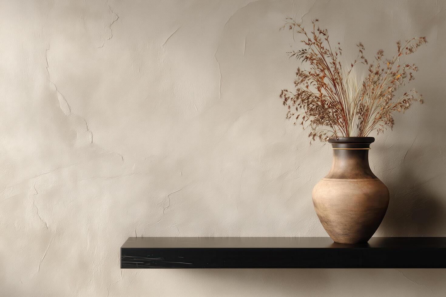 Modern Beige Wall Background with Clay Vase on Shelf photo