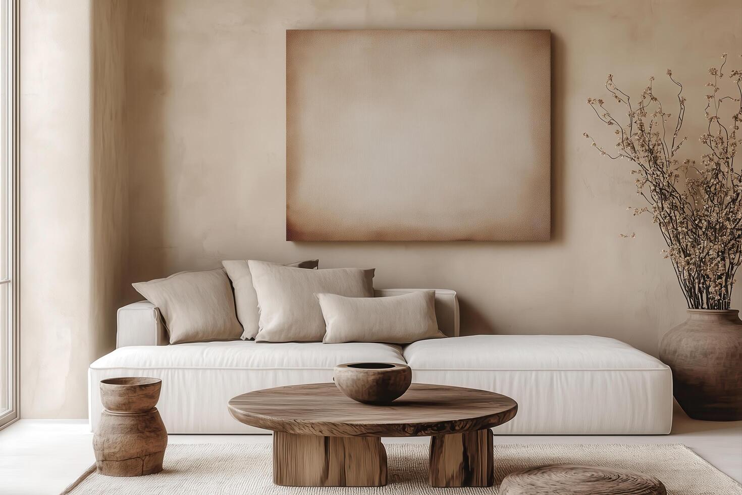 Beige Boho Interior with Unique Zebra Stool, Wall Fabric Art and Modern Furniture, Chic Living Room Design photo