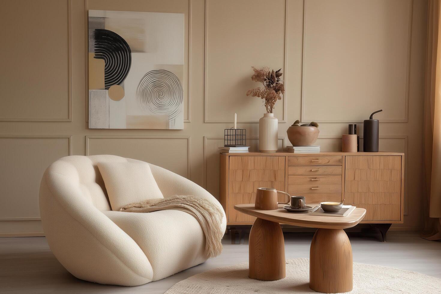 A living room with a chair, table and a rug photo