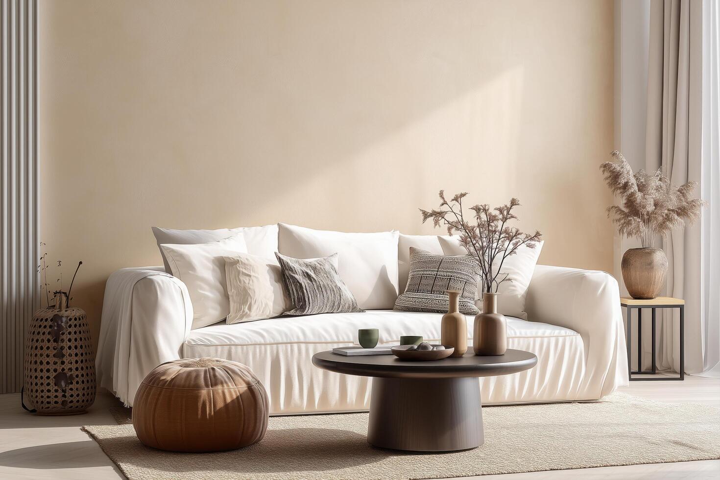 A living room with a white couch and a table photo