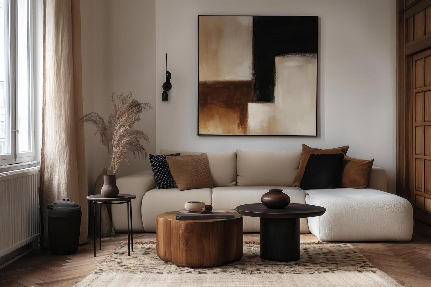 Modern Boho Living Room with Beige Sofa, Zebra Stool, and Textured Wall Art , Trendy Interior Design Template photo