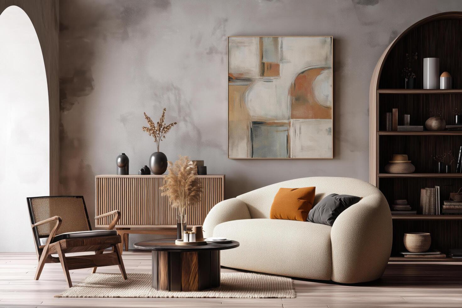 A living room with a white chair, a table and a painting photo