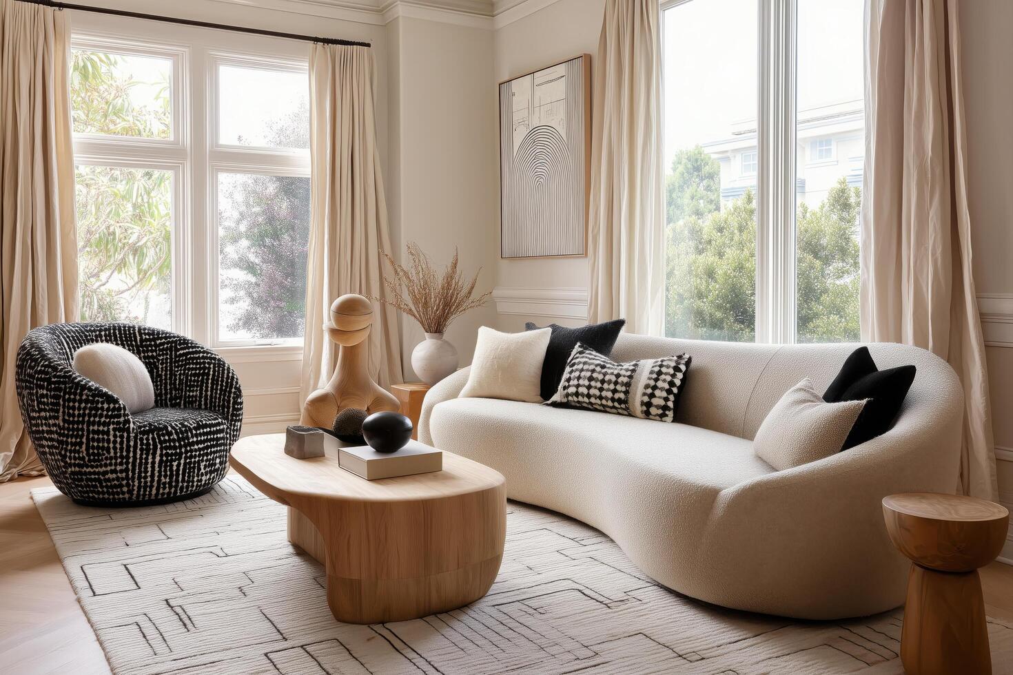 A living room with a white couch, a black and white chair and a wooden coffee table photo