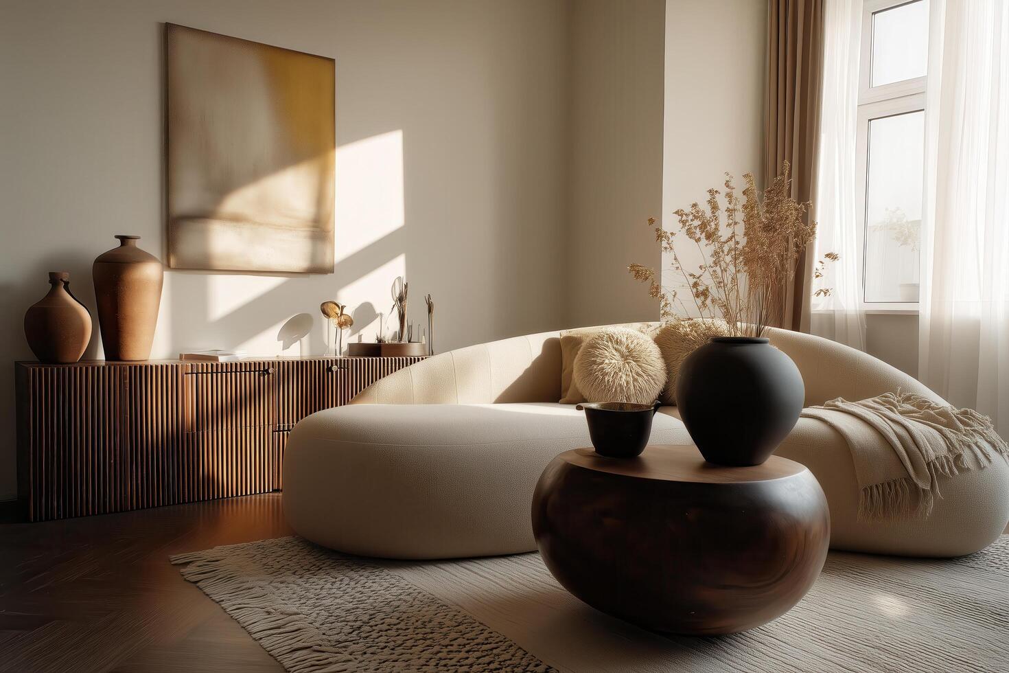 A living room with a large round table and a few pieces of furniture photo