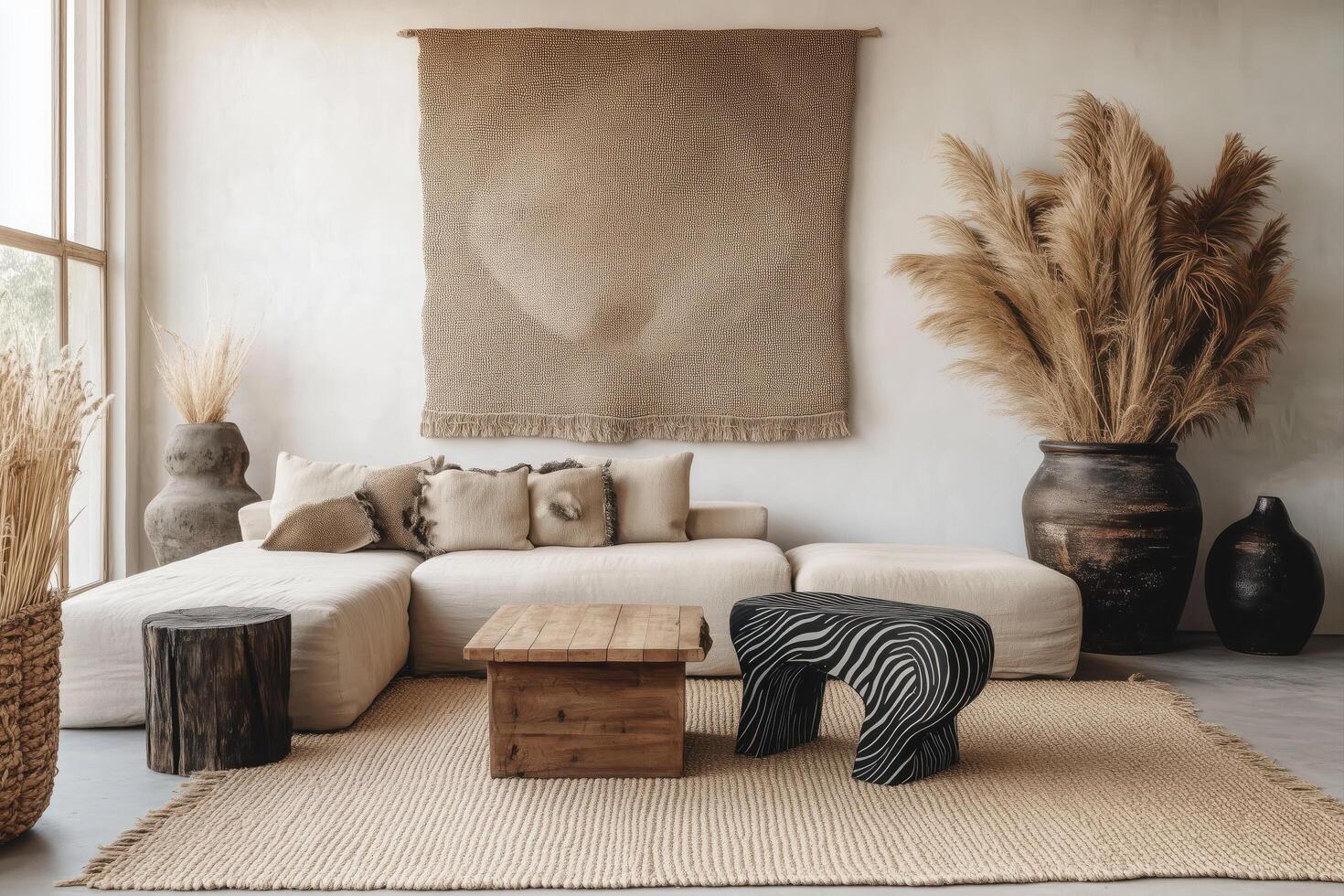 Stylish Boho Living Room with Beige Sofa, Black Zebra Stool, and Trendy Fabric Wall Decor photo