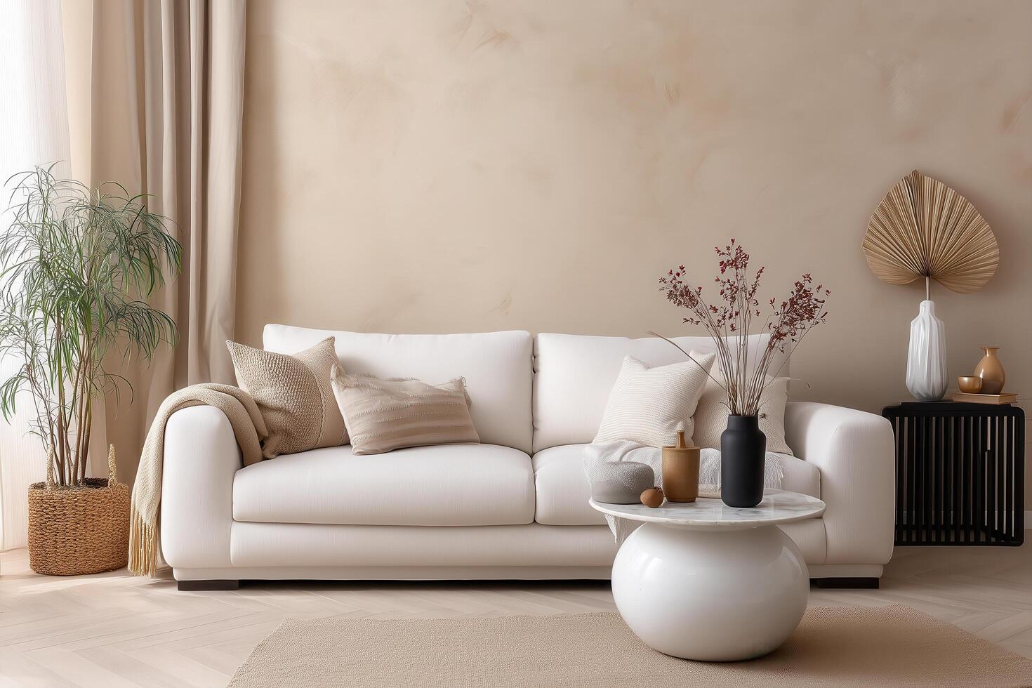 A living room with a white couch and a plant photo