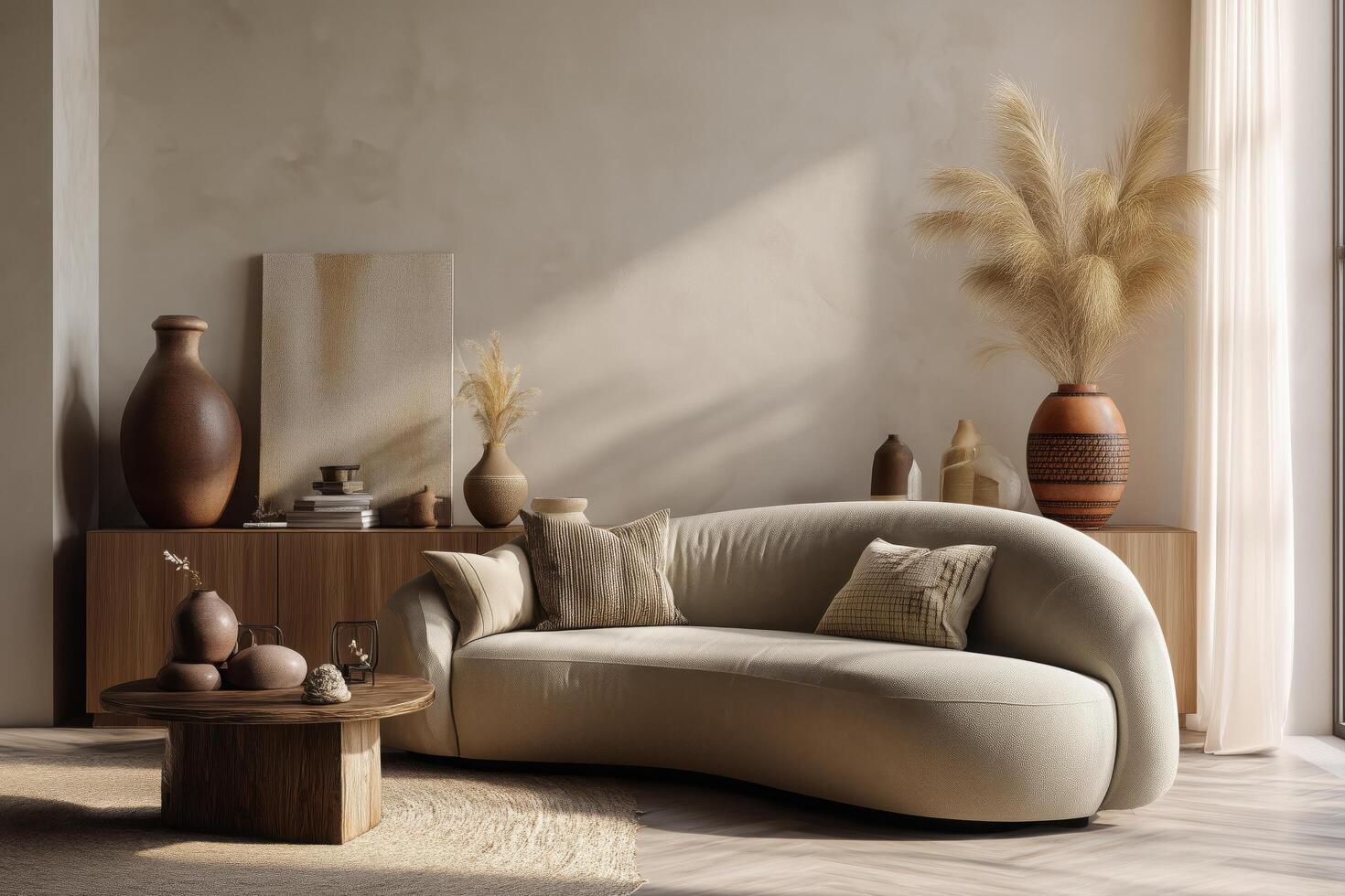 A living room with a couch, table and vases photo