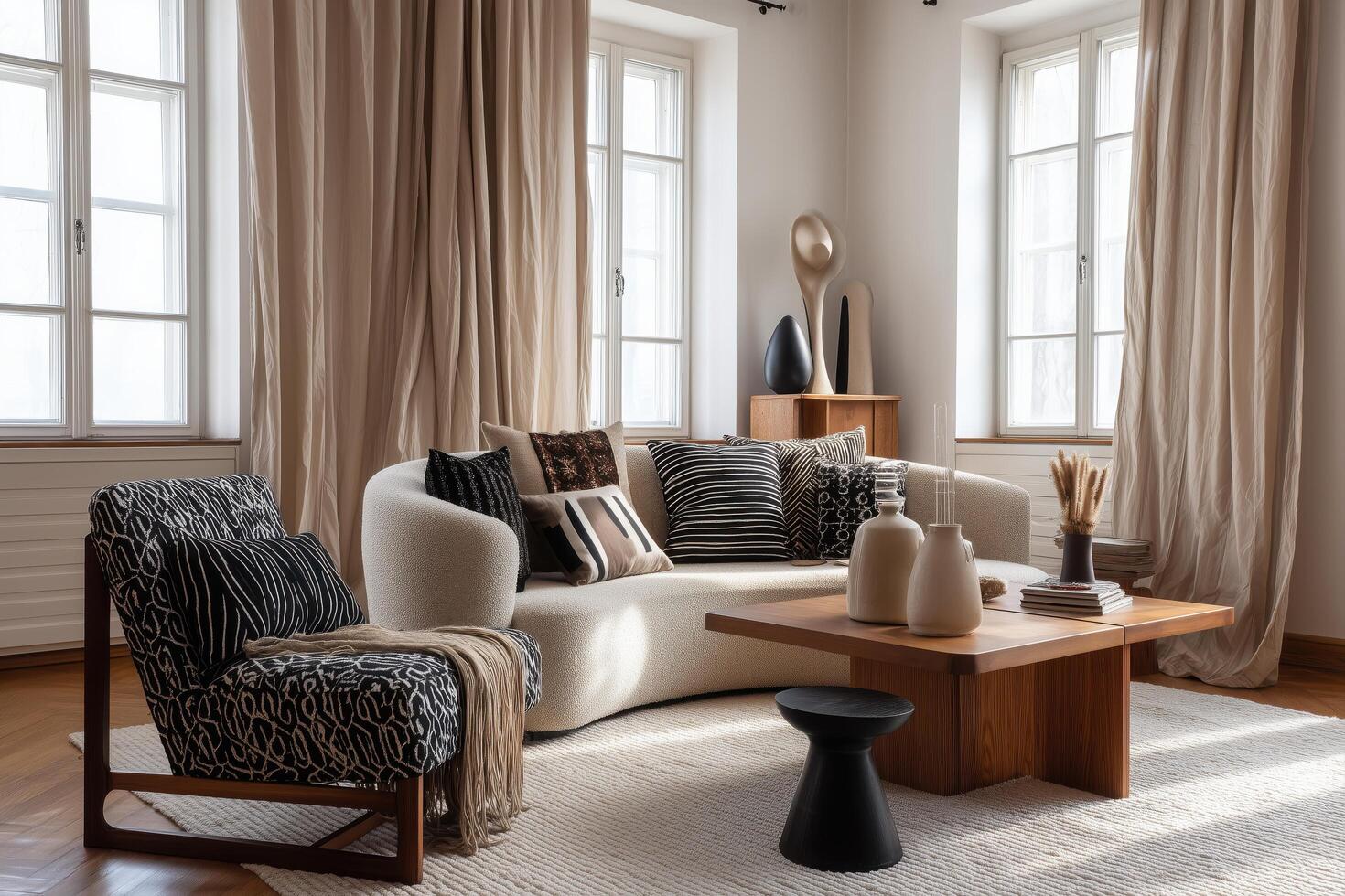 A living room with a couch, chair and table photo