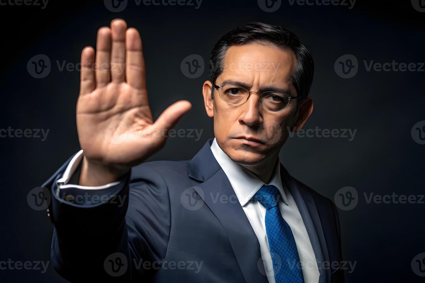A man in a suit and tie is making a stop sign photo