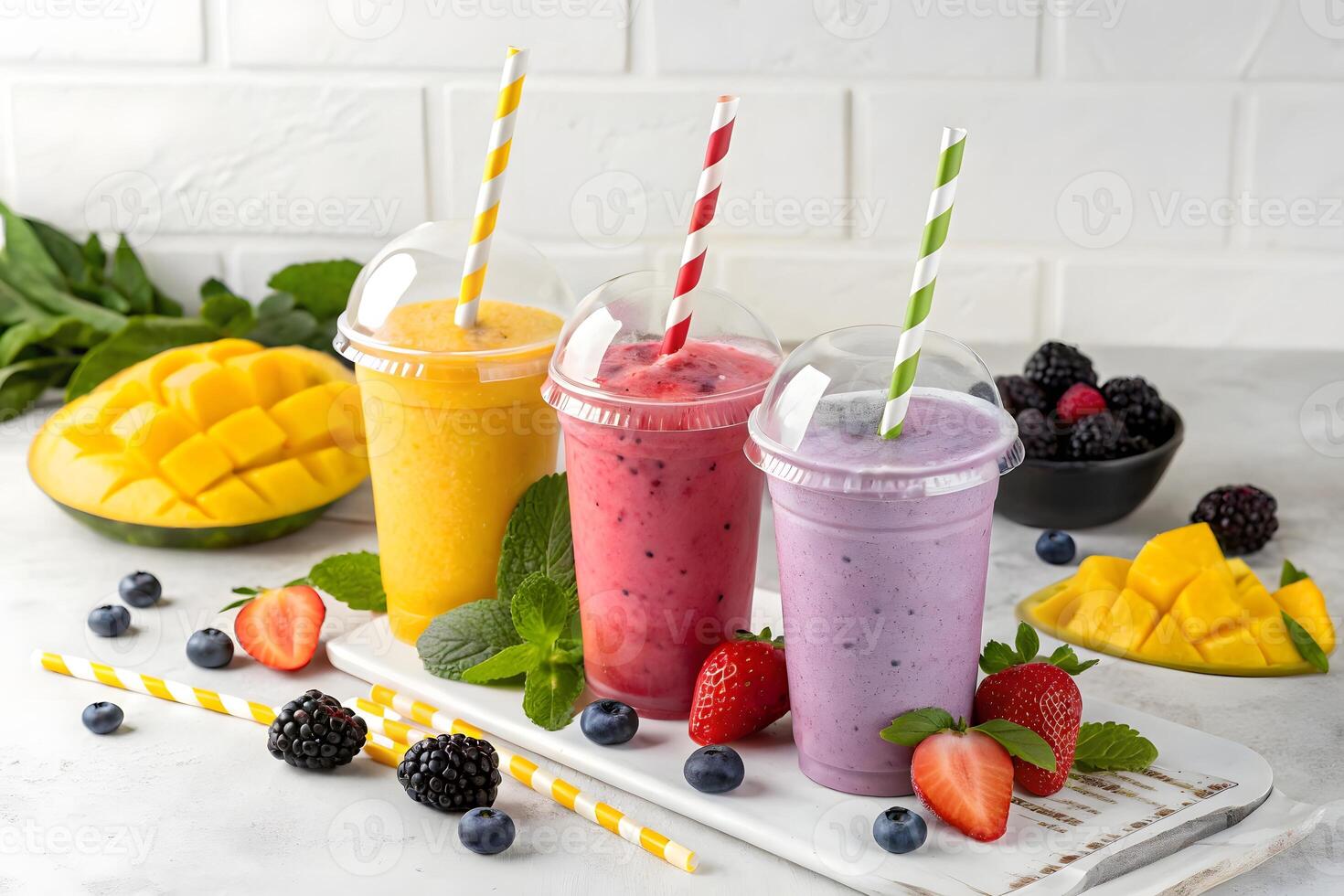 Three smoothies with straws and berries on a white table photo