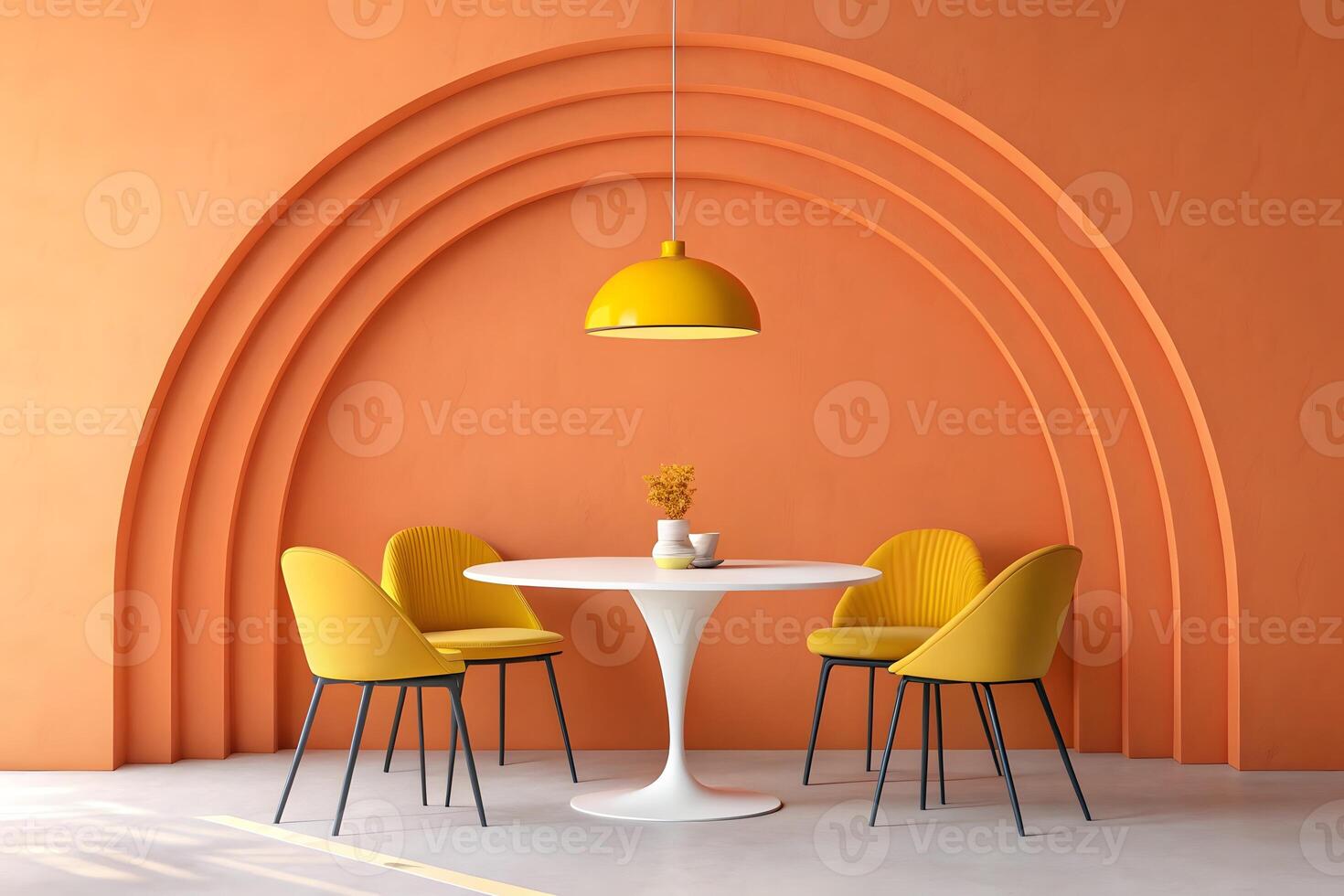 A dining room with yellow chairs and a table photo