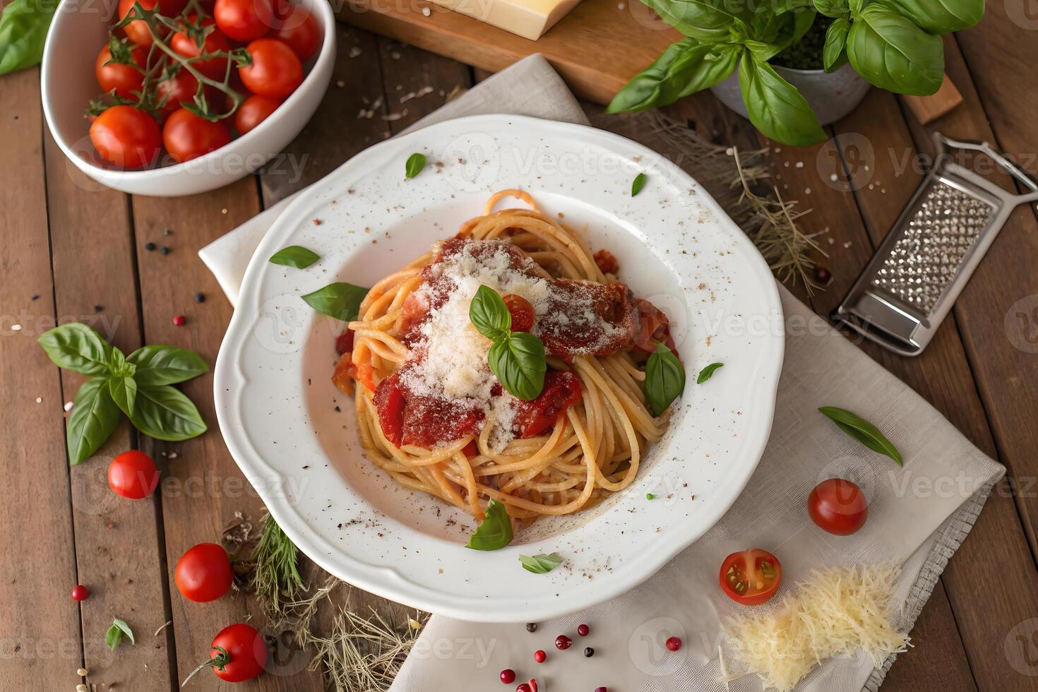 Italian pasta with tomato sauce and basil on wooden table photo